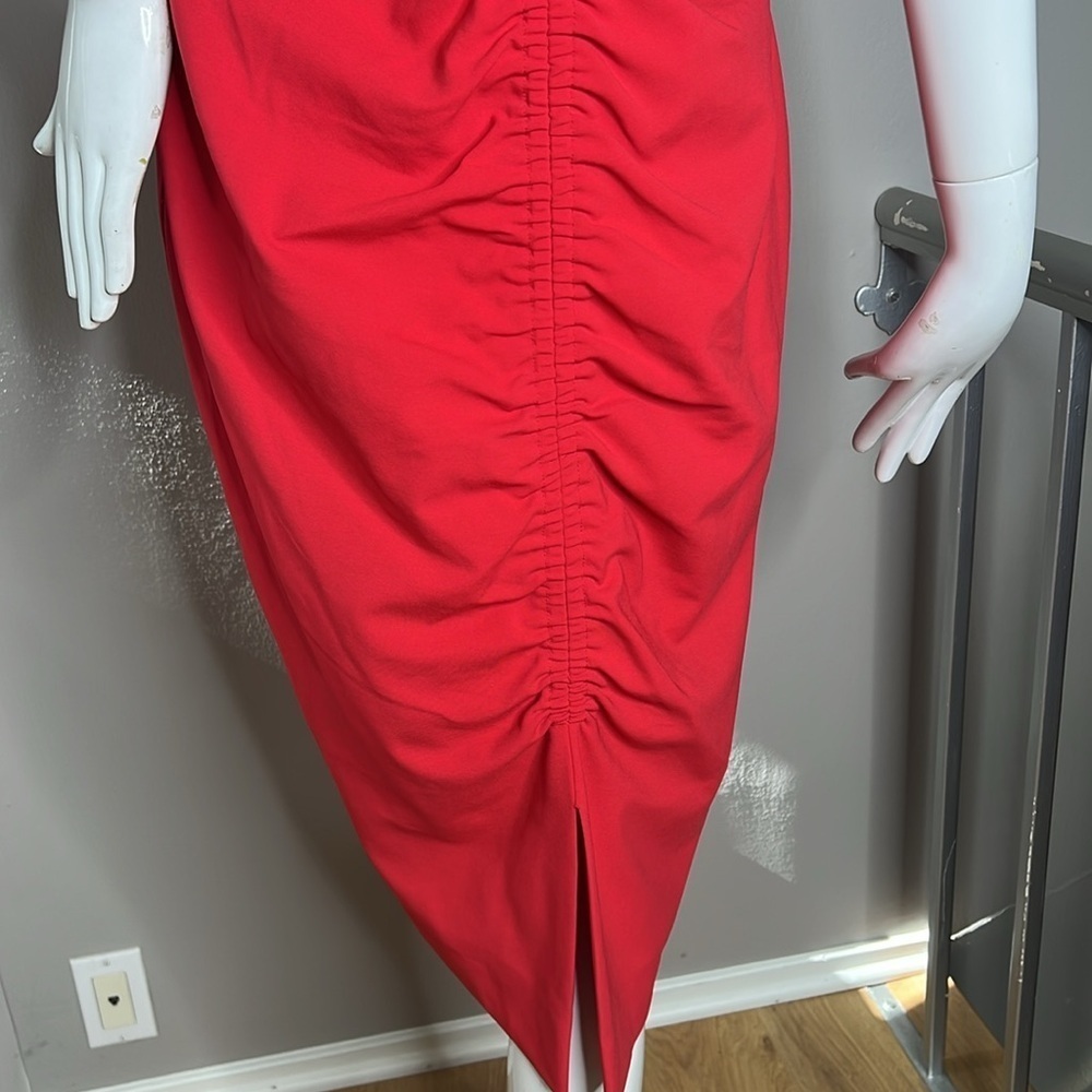 Escada Sz 40 Poppy Red Rouched Back Short Sleeve Front Zip Stretch Poly Dress - Picture 5 of 9